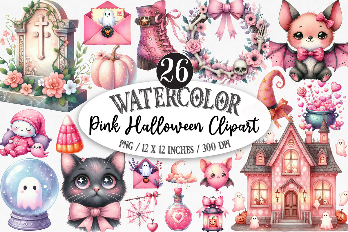 Watercolor Pink Halloween Clipart, an Illustration by Designking (Photo 1 of 5)