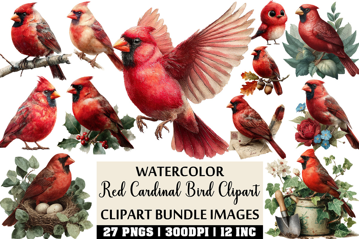 Watercolor Red Cardinal Bird Clipart, an Illustration by Craft Nest (Photo 1 of 4)