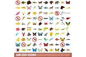 100 Zoo Icons Set, Flat Style