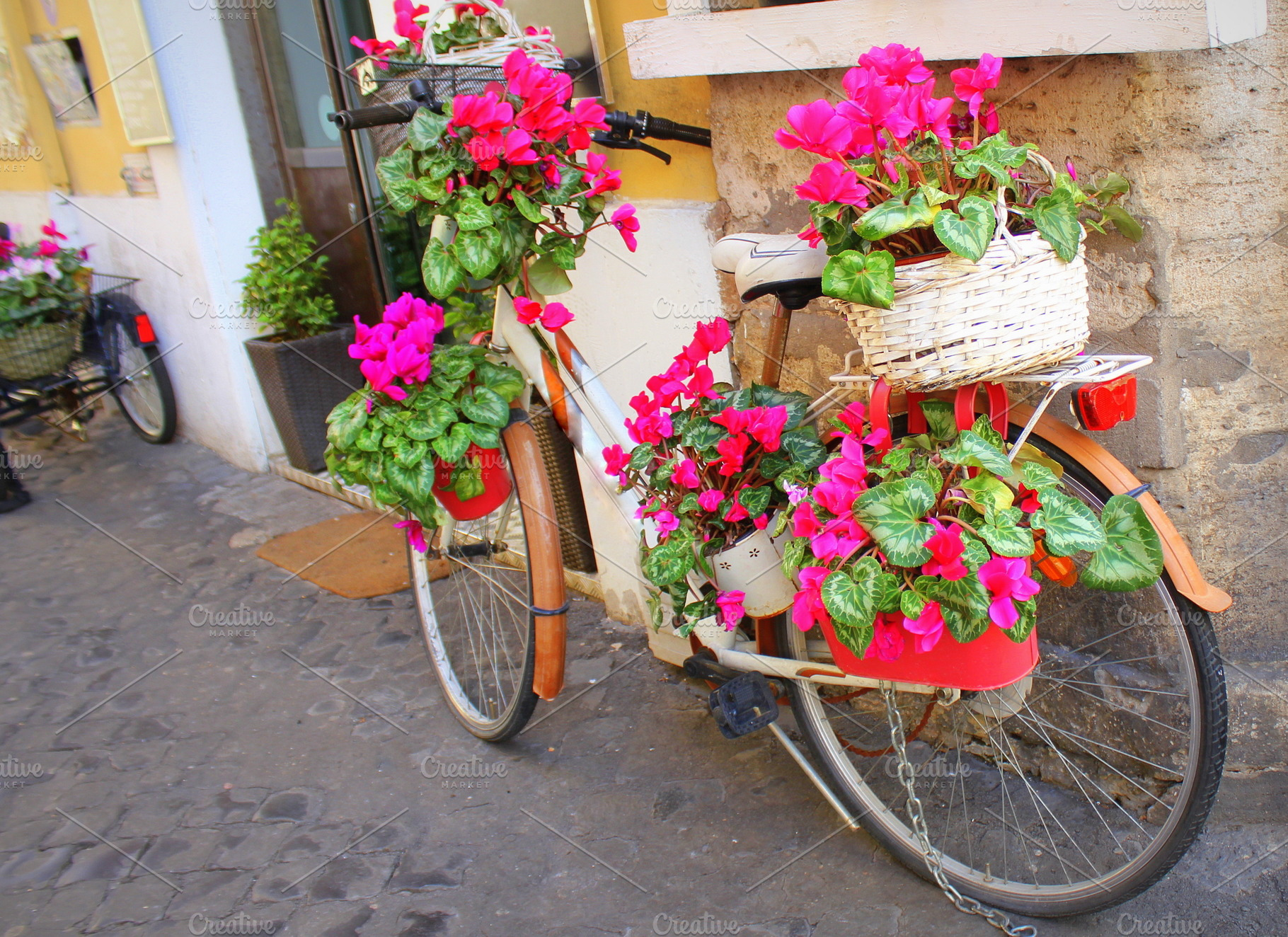 Bicycle with flowers parked on the s, a Transportation Photo by Vaivirga