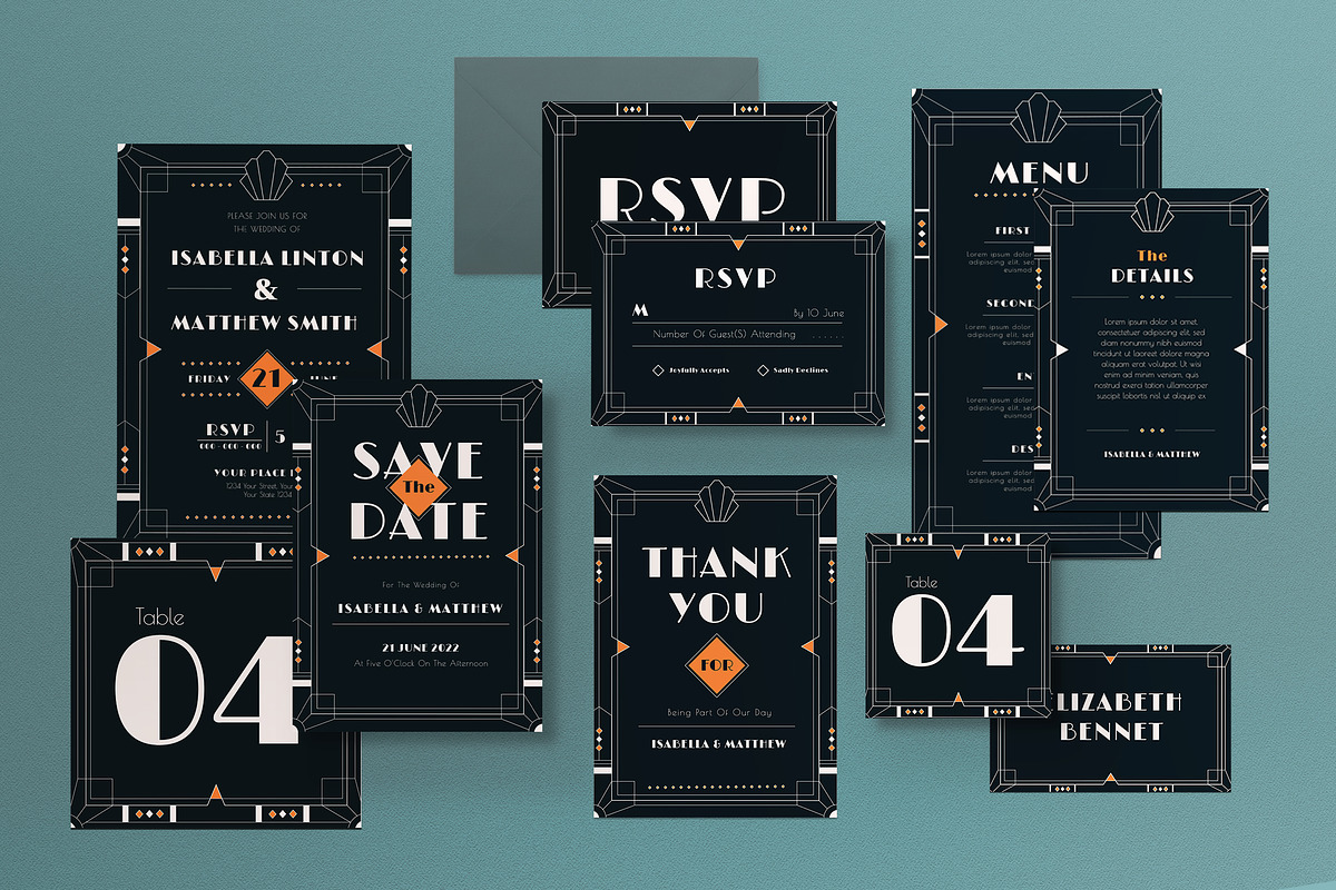 Art Deco Wedding Invitation Set, an Invitation Template by graphicook (Photo 1 of 3)