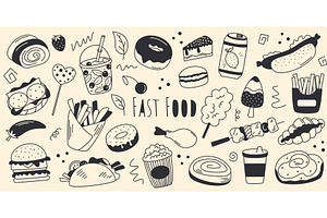 Street food set in doodle sketch, a Food Illustration by Tati_Kli