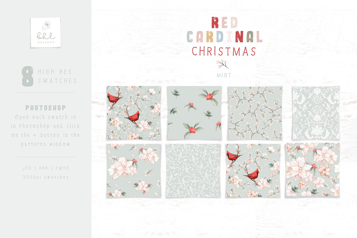 Red Cardinal Christmas - Mint, a Pattern Graphic by bhldesigns (Photo 2 of 16)