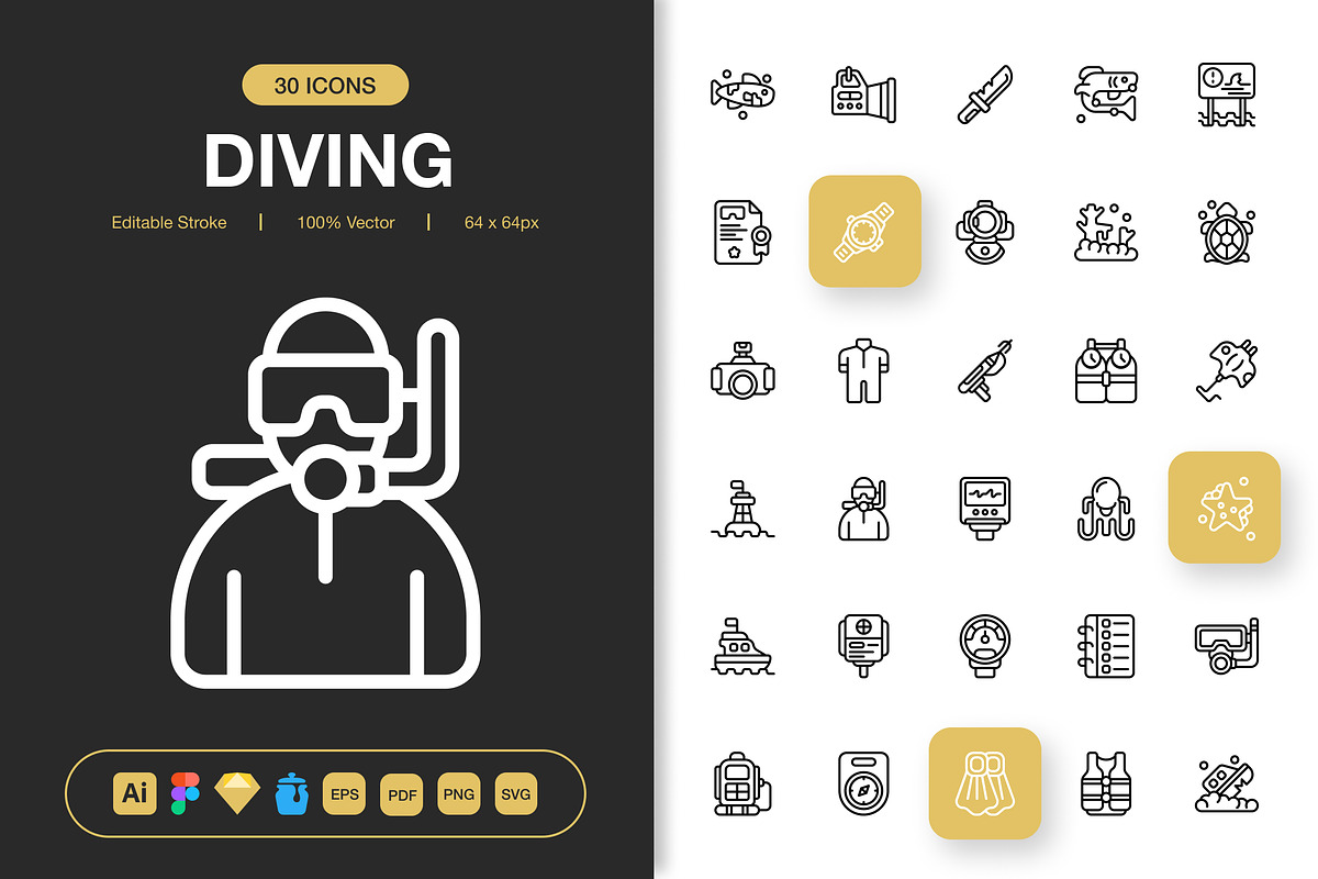 Diving Icons, an Outline Icon by Spacepixel Creative