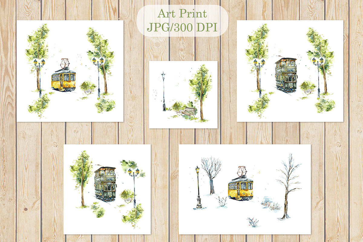 Watercolor Tramcars, a Transportation Illustration by Budogoshch (Photo 3 of 9)