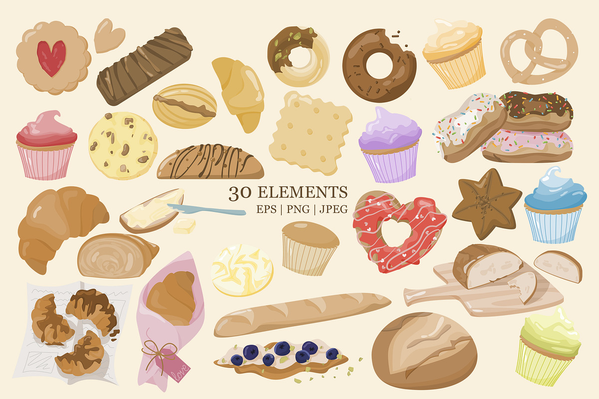 Pastries Bakery Clipart & Pattern, a Food Illustration by Vaniuta_Art (Photo 3 of 13)