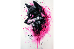 Neon Splash Wolf Art in Pink & Black, an Animal Illustration by Art Paradise Studios