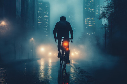Bicyclist navigating through a foggy, a Photo by Tanuart