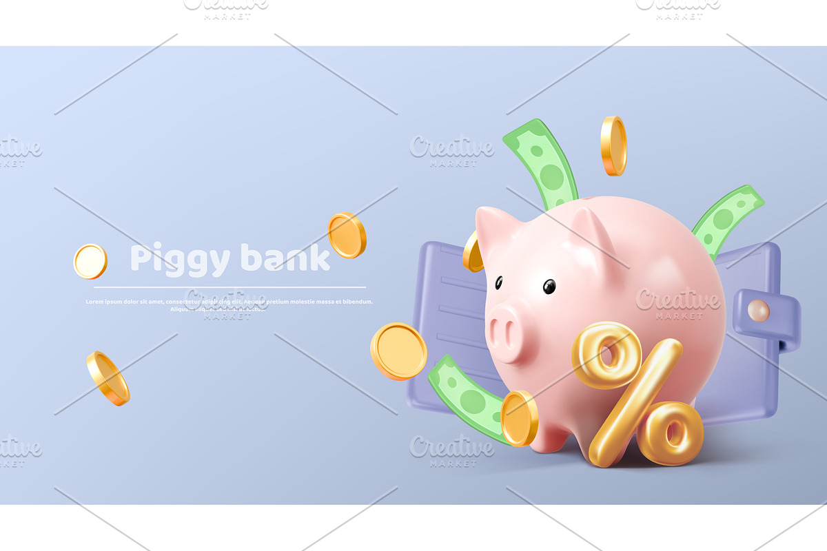 Pink 3d piggy bank with money, a Finance Illustration by art PVP - market