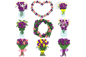 Bouquet of irises, tulips freesias
