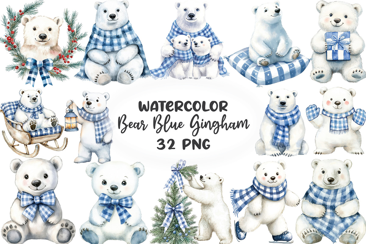 Christmas Polar Bear Blue Gingham, an Illustration by CraftArtStudio (Photo 1 of 6)