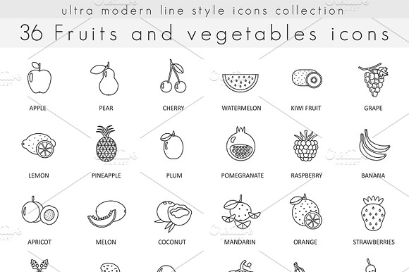 36 Fruits Vegetables Line Icons.