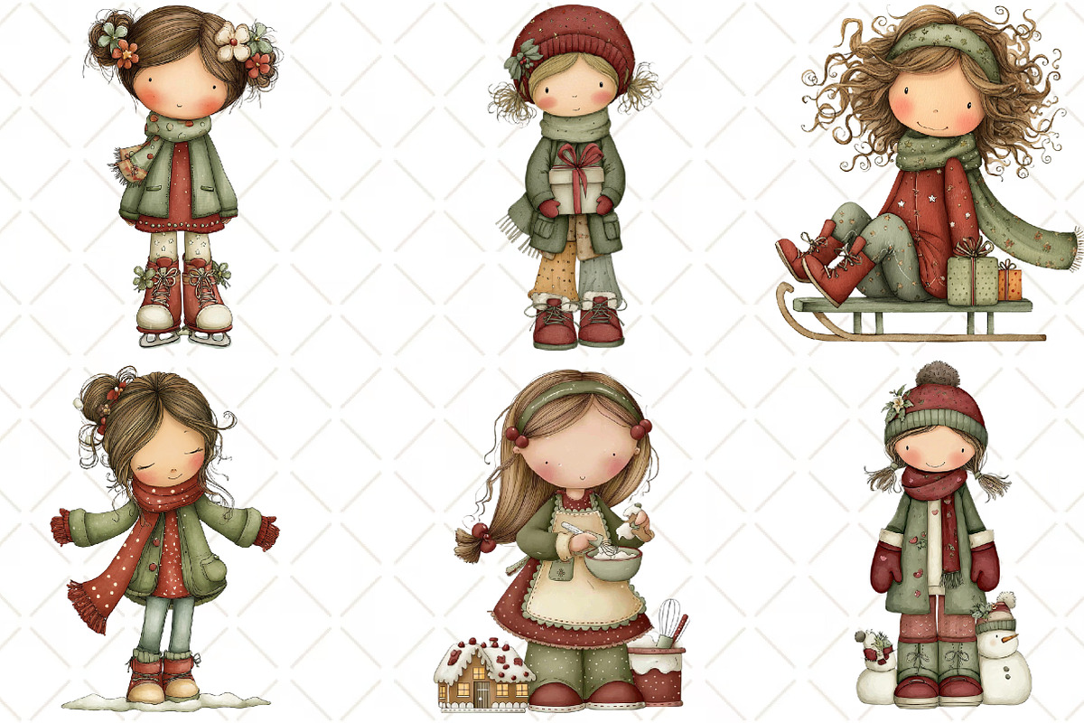 Whimsical Christmas Girls Clipart, an Illustration by Black Bird Studio (Photo 2 of 6)