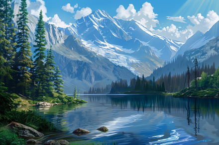 A tranquil lake mirrors towering mou, a Photo by Tanuart