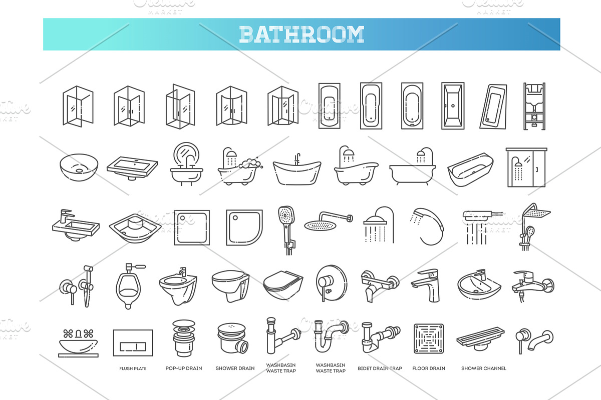 Restroom, Bathroom Vector Icon Set, an Object Illustration by Tettygreen