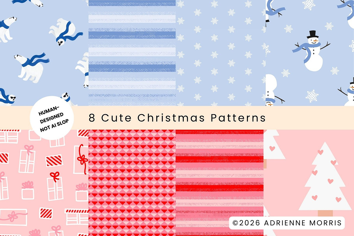 8 Cute Christmas Seamless Patterns, a Pattern Graphic by Adrienne Morris (Photo 1 of 9)