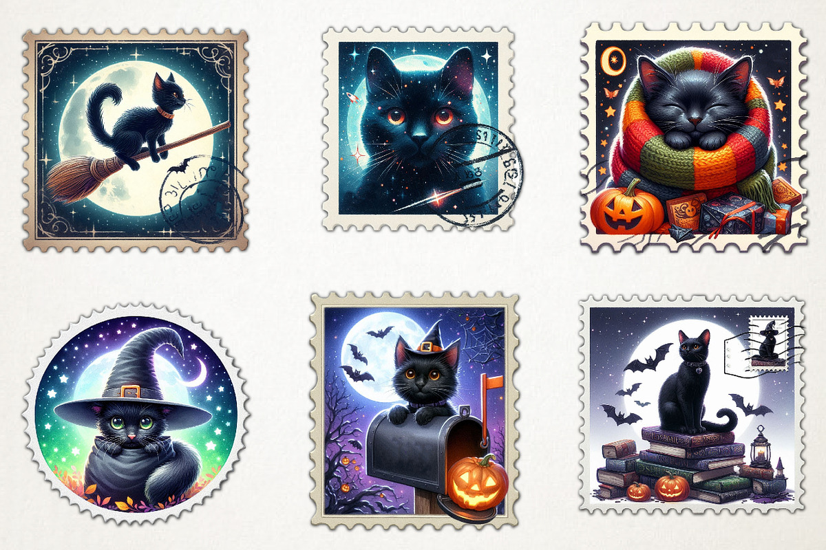 Halloween Black Cat Postage Stamp, an Illustration by RobertsArt (Photo 4 of 4)