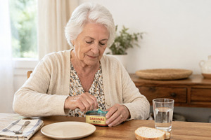Elderly woman opening sardines tin a, a Photo by Dvoevnore photos