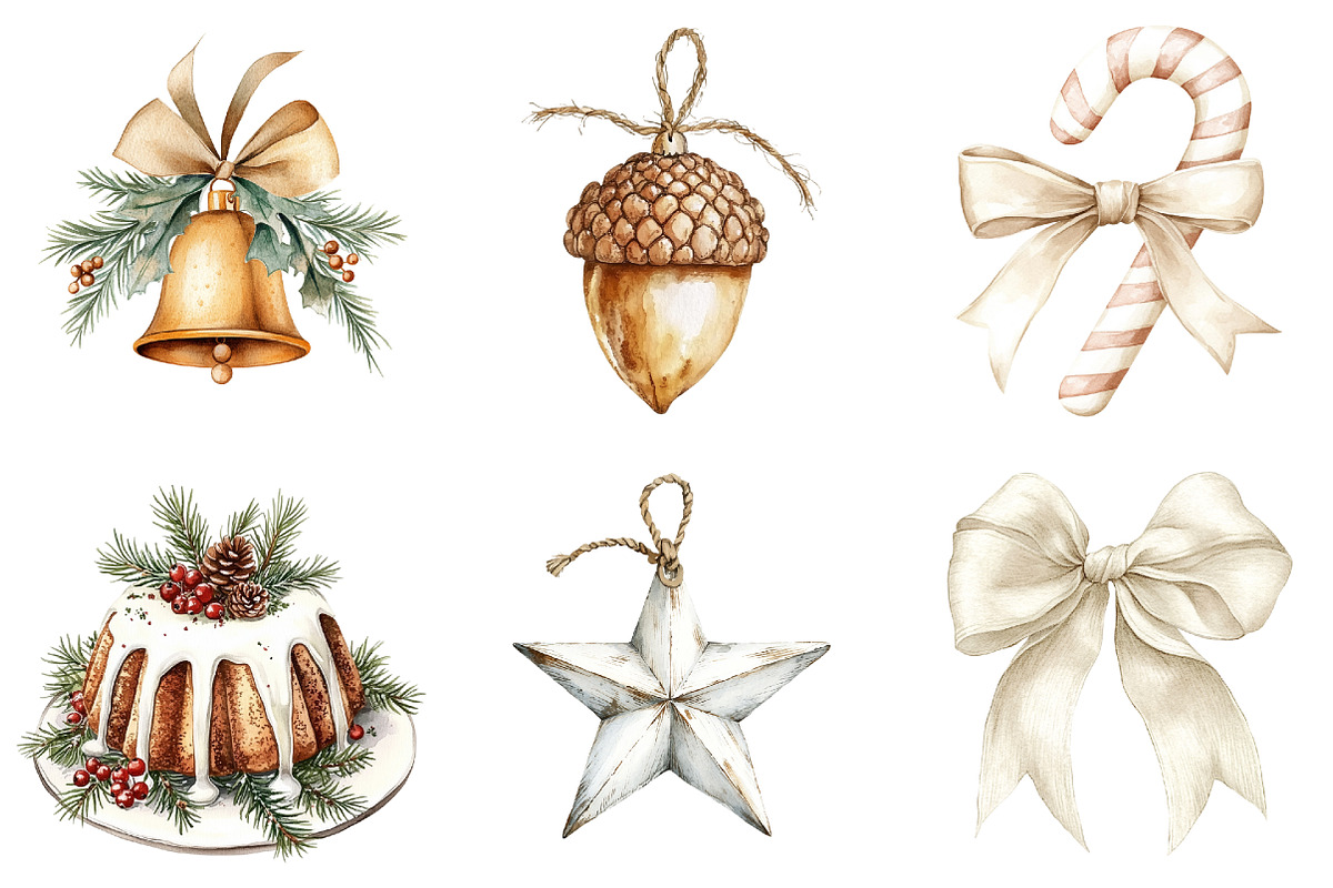 Watercolor Neutral Christmas Clipart, a Seasonal Illustration by CitraGraphics (Photo 2 of 6)