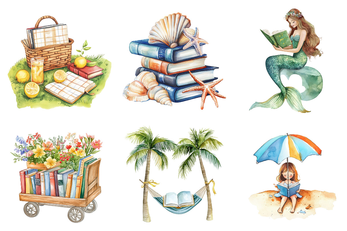Summer Reading Watercolor Clipart, a Seasonal Illustration by DreamArtGraphic (Photo 4 of 4)