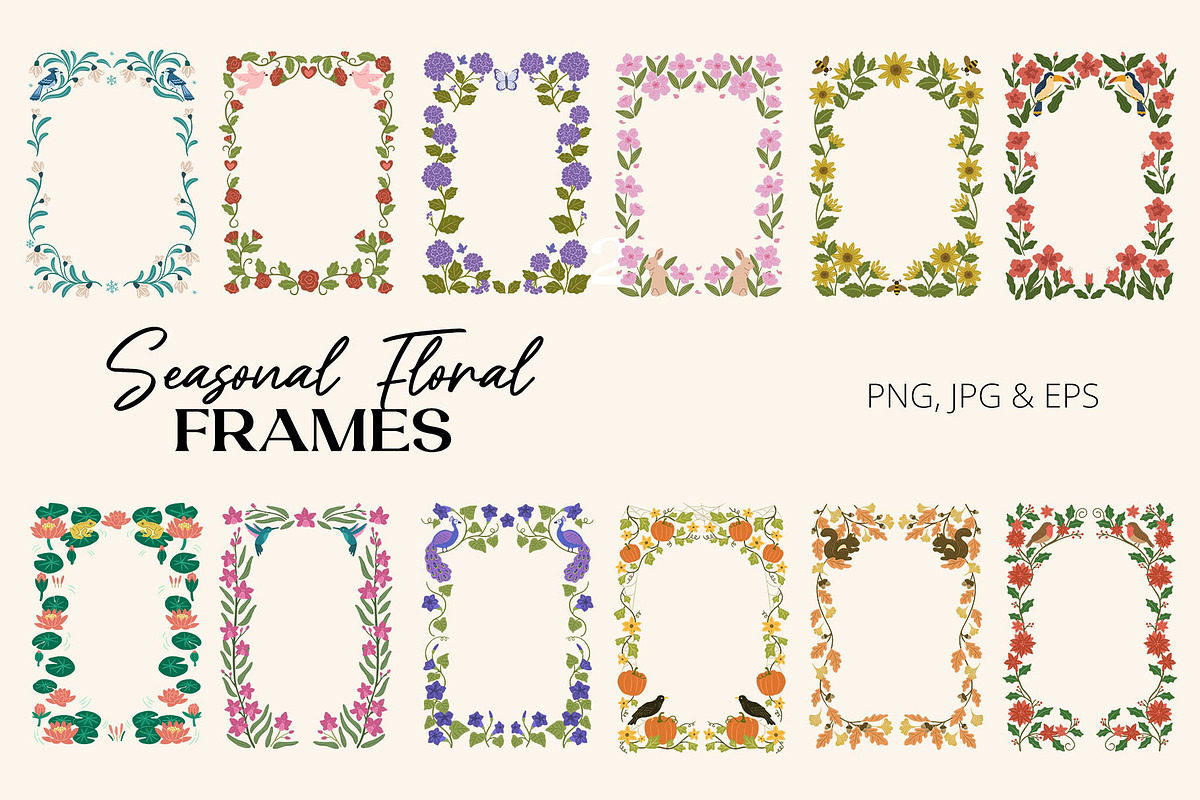 Seasonal Floral Frames & Borders Set, a Seasonal Illustration by CreativeChristiana (Photo 1 of 6)