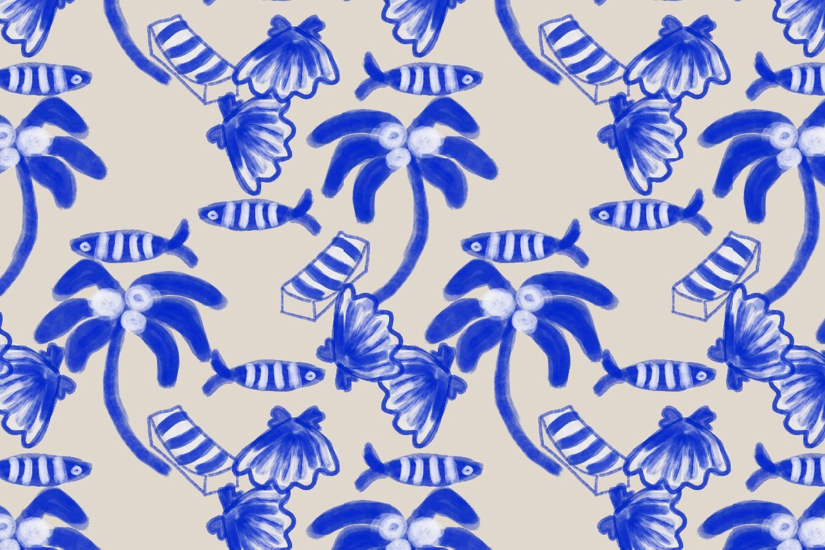 Blue white palms fishes, a Pattern Graphic by Nocito Design (Photo 1 of 8)