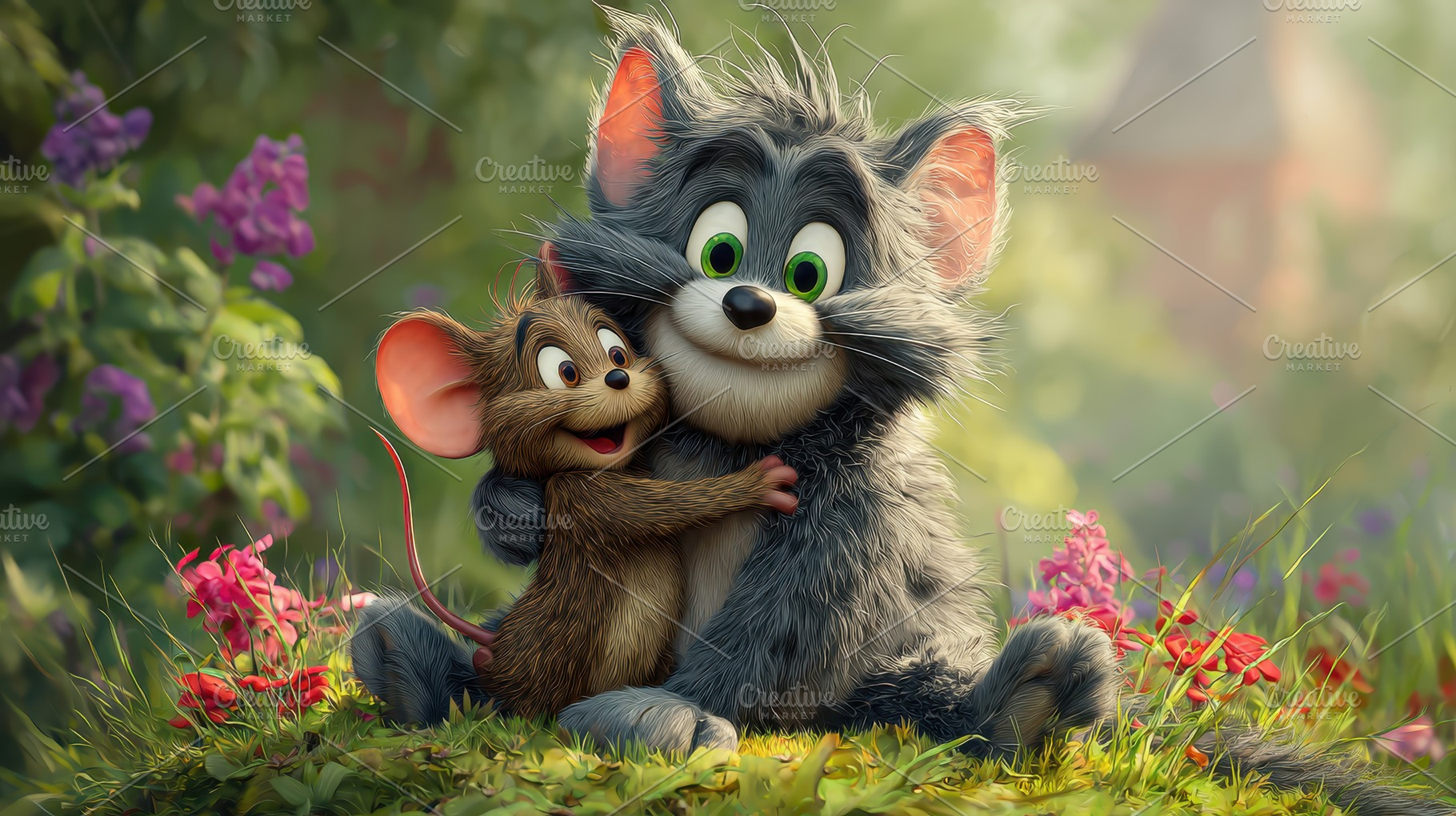 Tom and Jerry hug in a garden friend, a Photo by Pixeness Studio