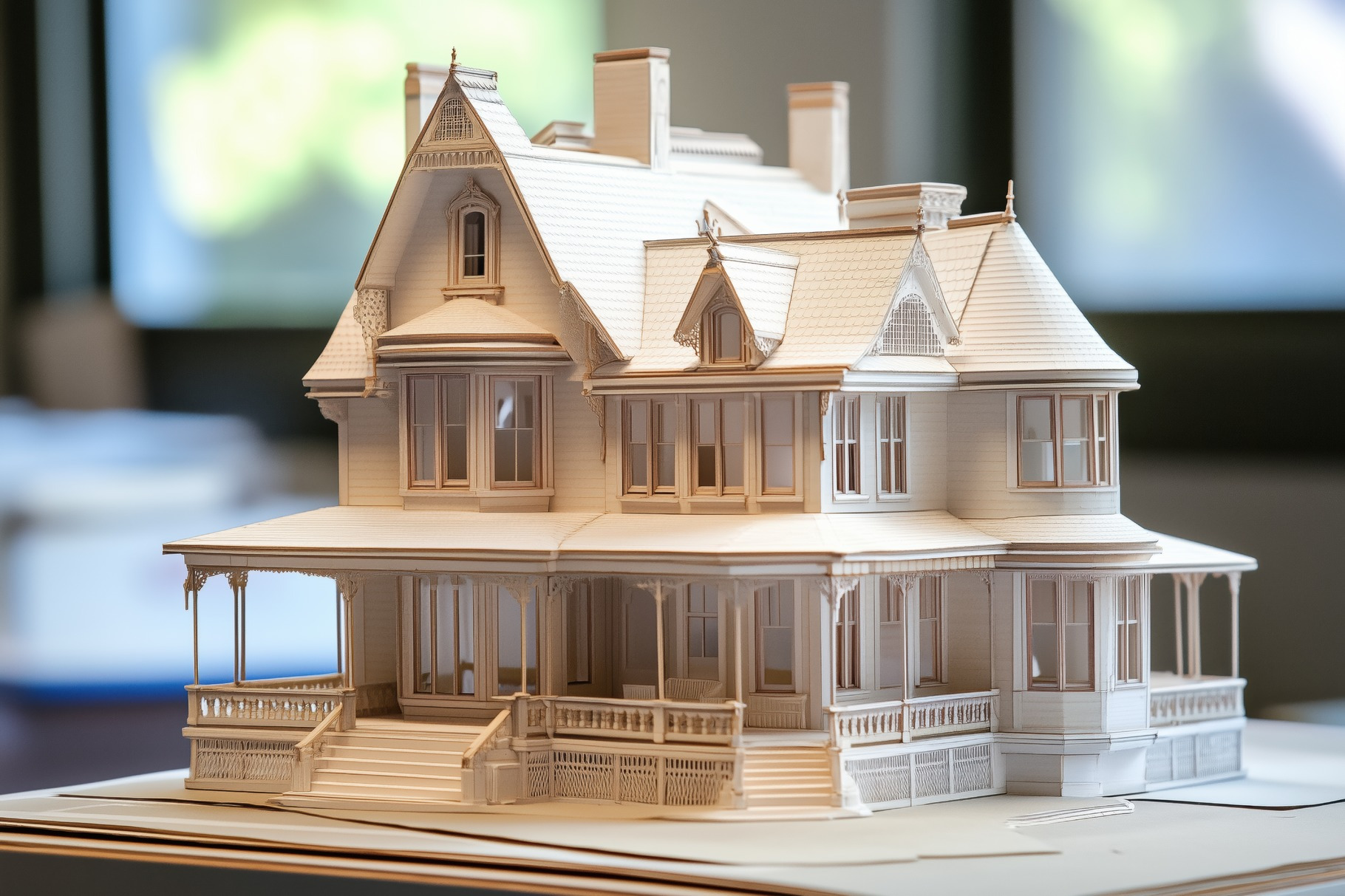 A detailed architectural model of a Victorian-style Queen Anne house ...