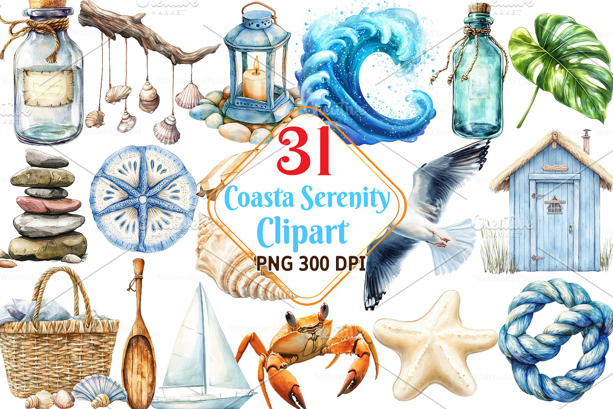 Watercolor Coastal Serenity Clipart, an Illustration by Watercolor design (Photo 1 of 5)