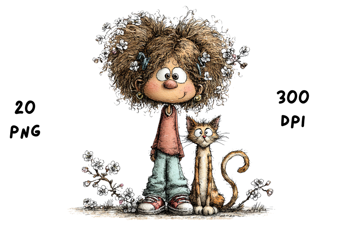 Whimsical Floral Girl & Kitten, an Animal Illustration by GiraffeCreative (Photo 10 of 20)