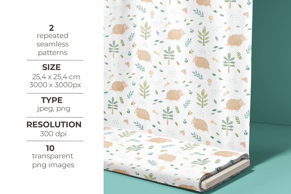 CUTE WOODLAND ARMADILLO PATTERN SET, a Pattern Graphic by tetiartline (Photo 2 of 6)
