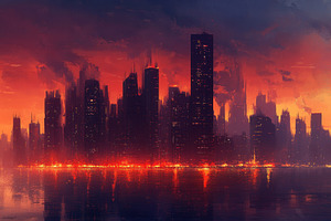 Sunset bathes a city skyline, a Photo by Pavel_design
