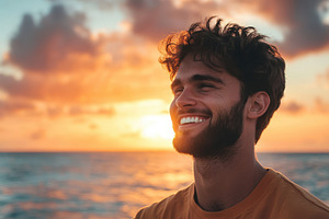 Warm smiling young man with a beard, a Photo by Pavel_design