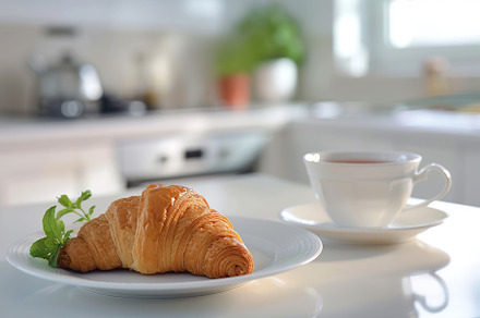 Cup of tea and croissant on white kitchen table, a Food & Drink Photo by AlyaAnd