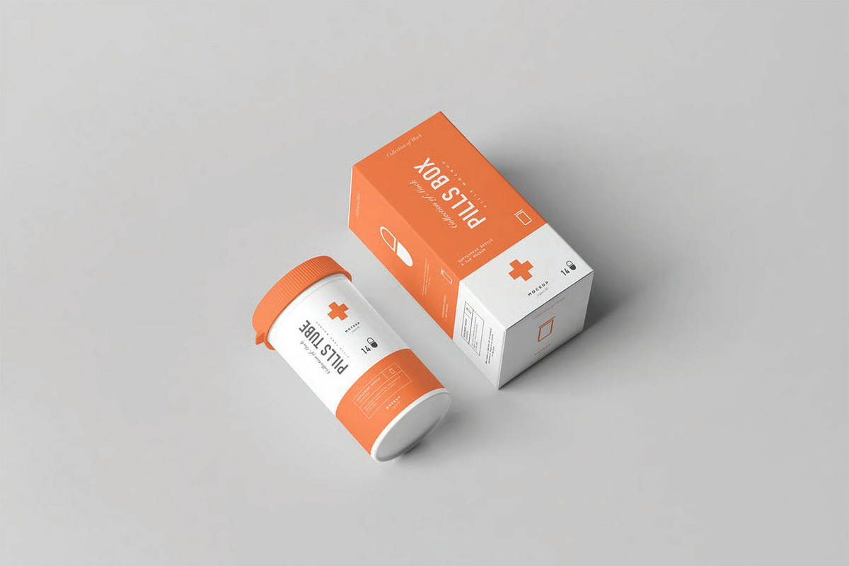 Flat Lay Pill Bottle And Box Mockup, a Packaging Mockup by DesignRushMarket (Photo 1 of 2)