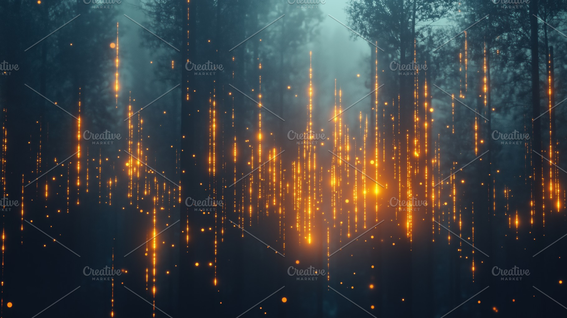 A mystical forest scene with glowing golden lights scattered throughout the tre, a Photo by Textures & Backgrounds