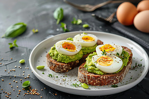 Toast rye bread with avocado puree and hard boiled eggs on wooden table, a Food & Drink Photo by AlyaAnd