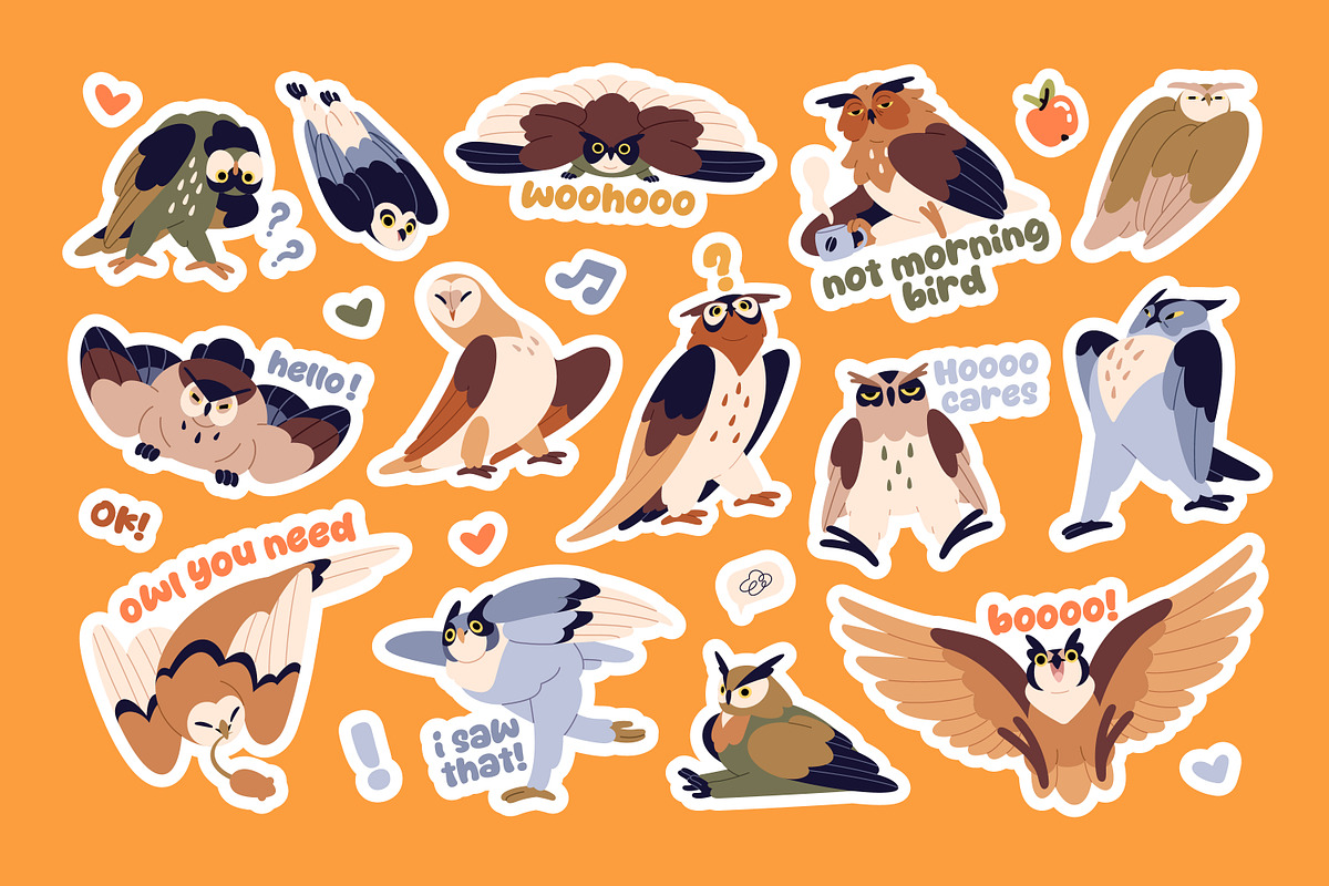 Cute, funny owls sticker pack, an Animal Illustration by PaperTrident (Photo 1 of 3)