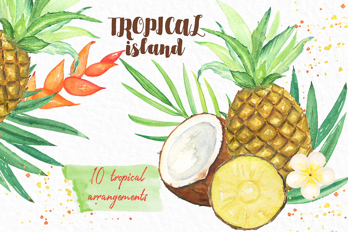 Tropical island. watercolor clipart., a Decorative Illustration by LABFcreations (Photo 4 of 7)