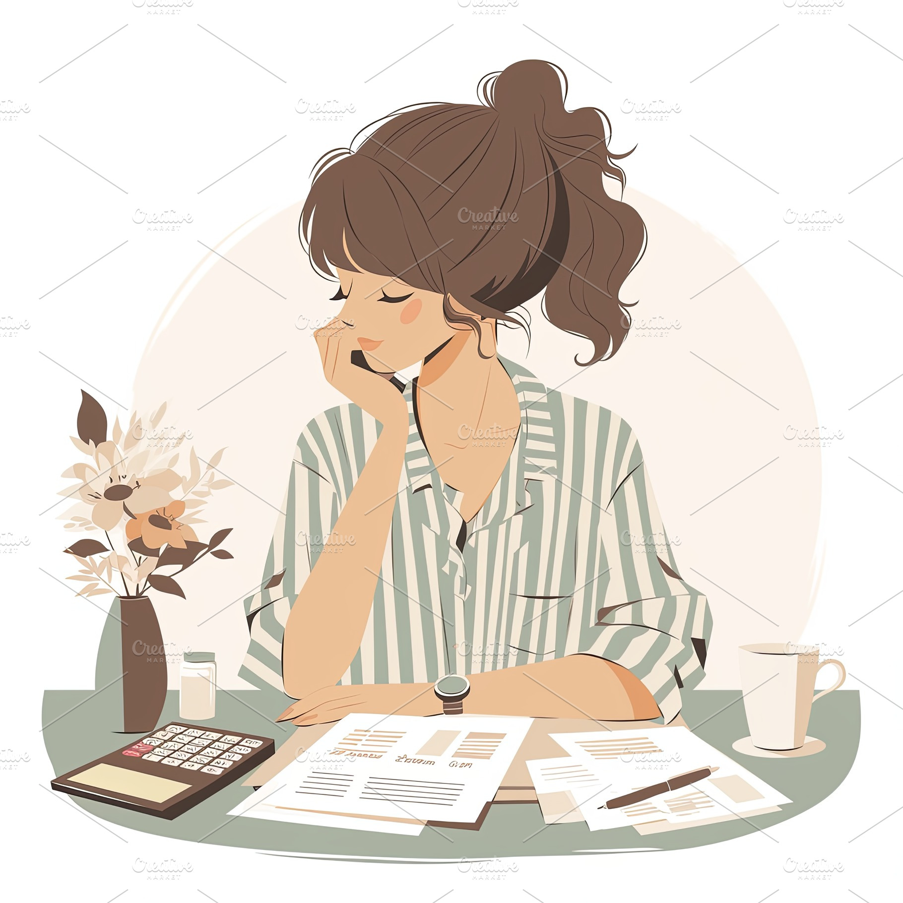 Young woman working at desk with documents and calculator in peaceful setting, a Photo by AS photostudio