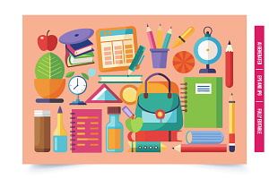 Colorful school supplies flat, an Illustration by Tanuart