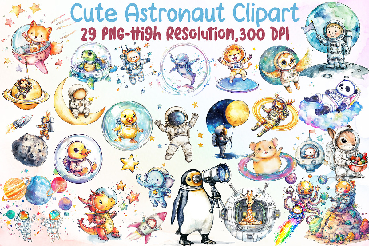 Watercolor Cute Astronaut Clipart, an Illustration by Sublimation Artist (Photo 1 of 6)