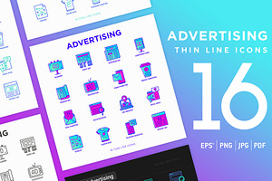 Advertising | 16 Thin Line Icons Set, an Outline Icon by Alex Blogoodf