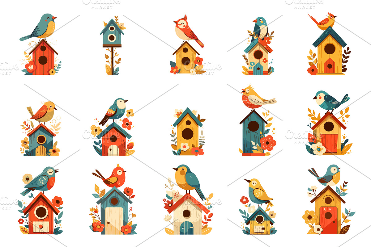 Set of cartoon cute birdhouses and, an Animal Illustration by LadadikArt