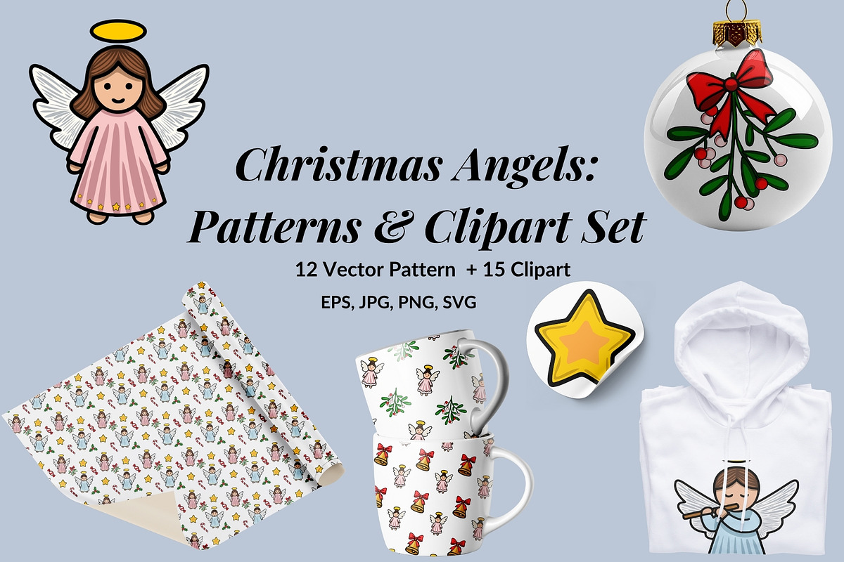 Christmas Angels: Patterns&Clipart, a Seasonal Illustration by Elatedowl (Photo 1 of 15)