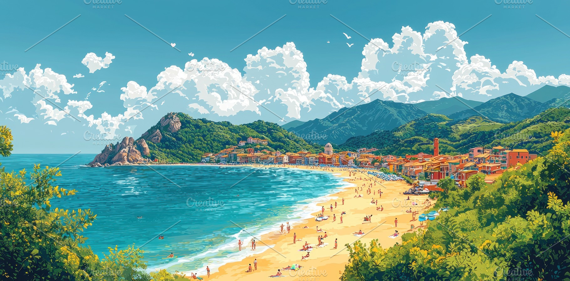 Golden sandy beach with turquoise water, coastal village, rocky, a Holiday Photo by José Manuel Gelpi
