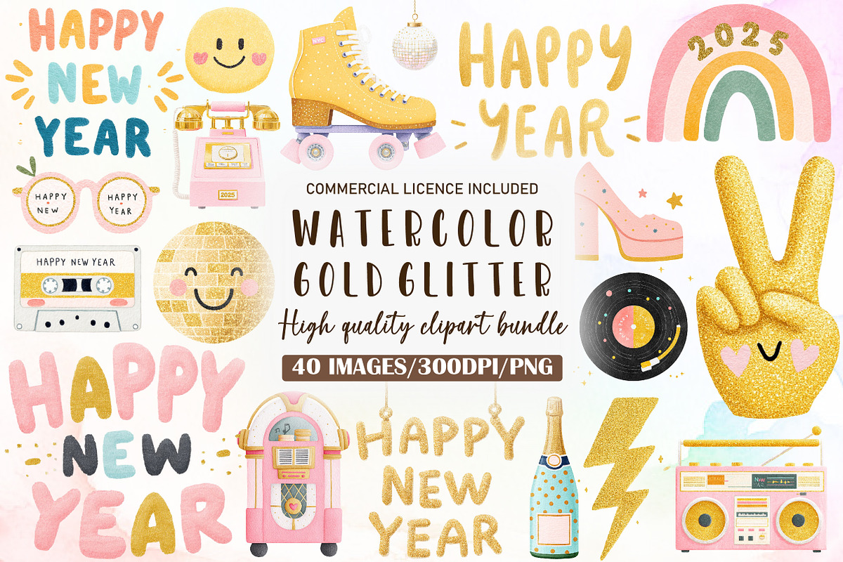 Retro Gold Glitter Happy New Year PN, an Illustration by Sublimation Artist (Photo 1 of 6)