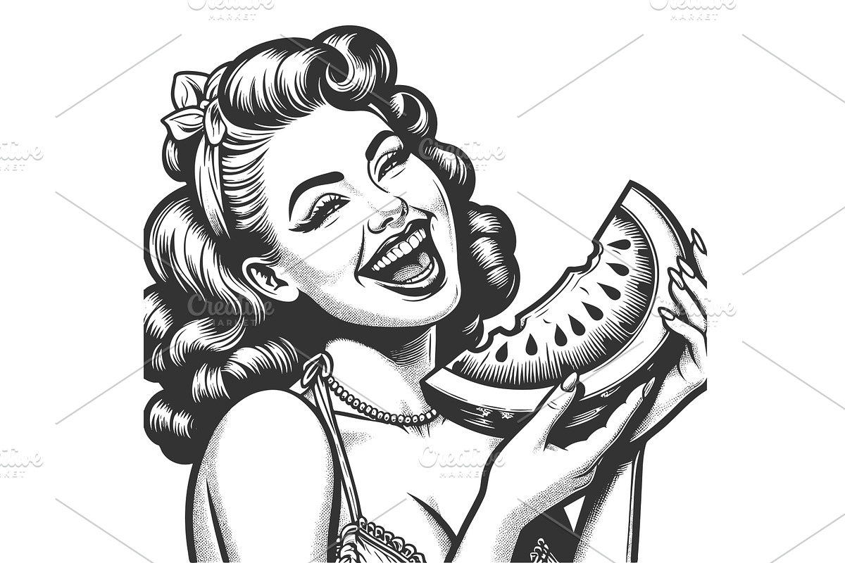 woman laughing while eating, a Person Illustration by AlexArt