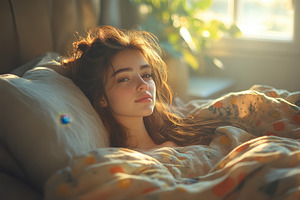 Morning light fills a cozy bedroom w, a Photo by Tanuart