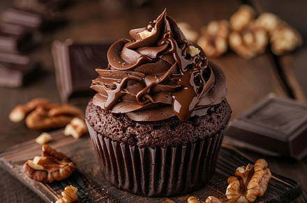 Chocolate cupcake with whipped cream and walnut on wooden table, a Food & Drink Photo by AlyaAnd